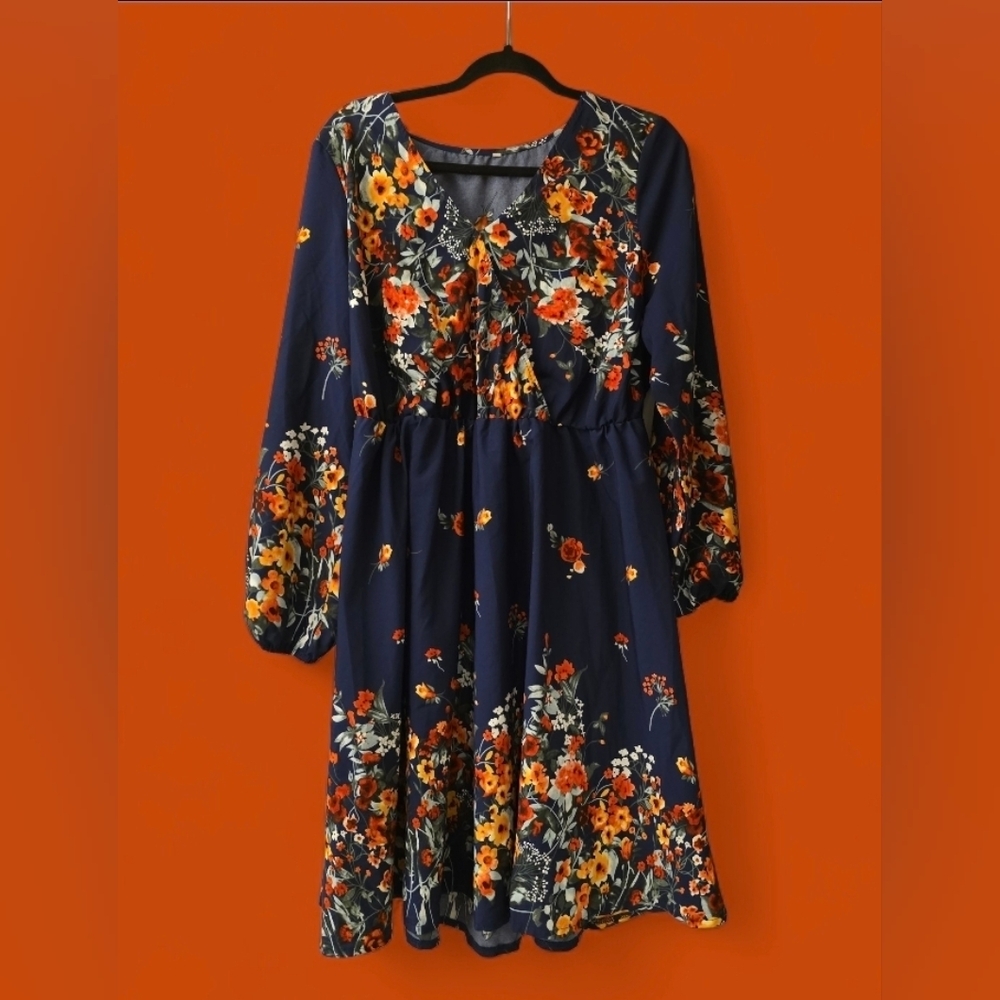 Elegant Floral Long Sleeve Dress - Navy and Orange 1x